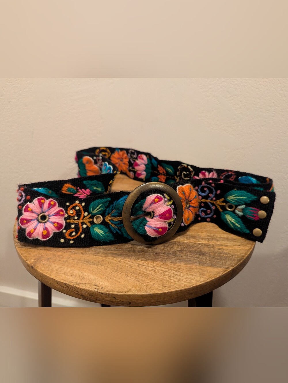 Peruvian Handmade Embroided Wool Felt Belt, Multicolor Floral (SIZE MED/LARGE)